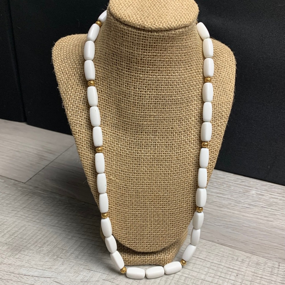 Vintage White Oblong Bead Necklace Gold Tone Textured Spacers 24 Inch